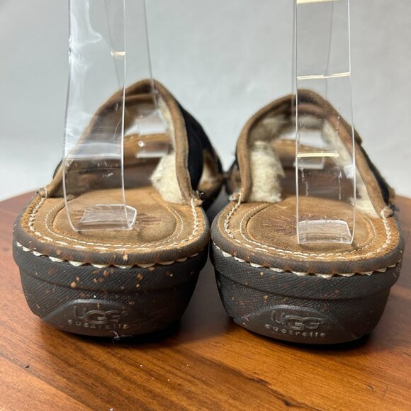 UGG Black Suede Sherpa Slides Open Toe Leather Sandals 1793 Size 8 - Picture 5 of 9